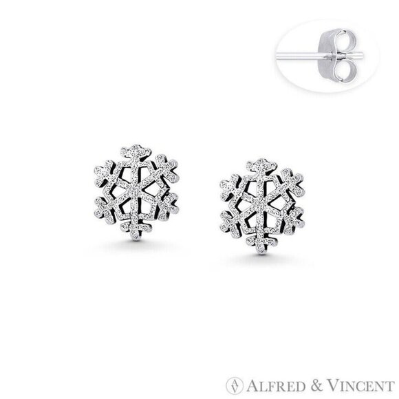 Snowflake Winter Season Charm Stud Earrings in Oxidized .925 Sterling Silver - Picture 1 of 1